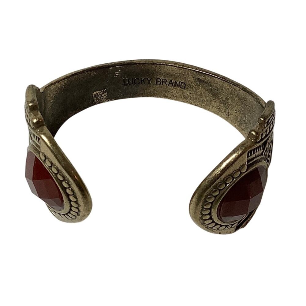 Lucky Brand Gold Tone Red Faceted Stone Cuff Bracelet Statement Vintage C2-24